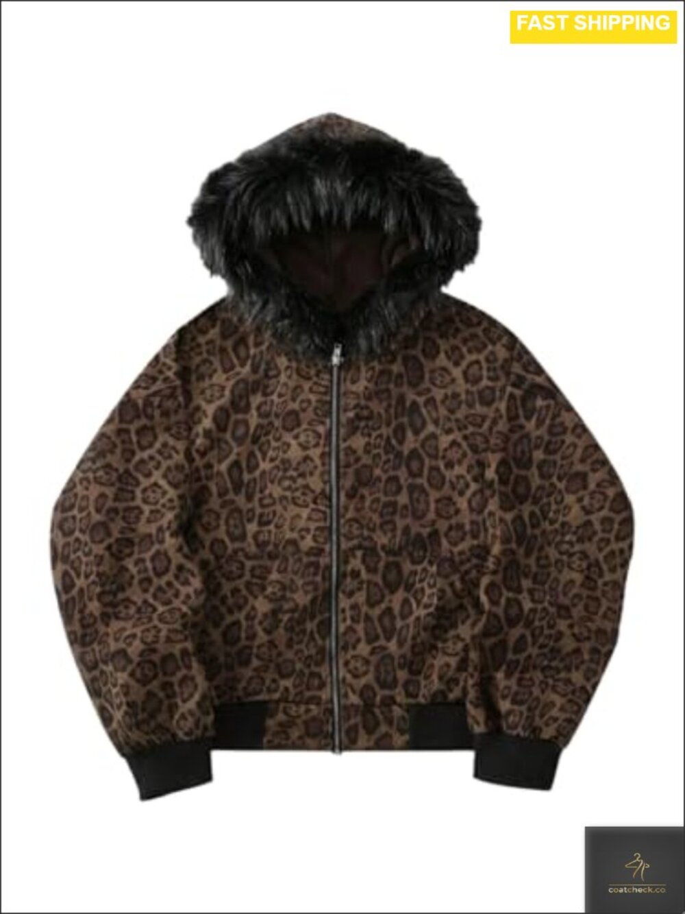 Men's Leopard Print Zip Up Hooded Sweatshirt Faux Fur Y2K Streetwear Jacket